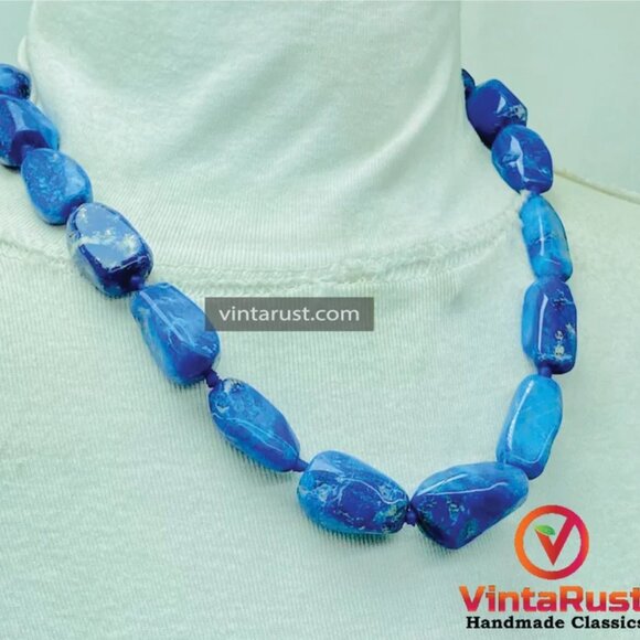 Handmade Lapis Lazuli Gemstone Necklace, Vintage Beaded Stone Necklace, Natural - Picture 3 of 9
